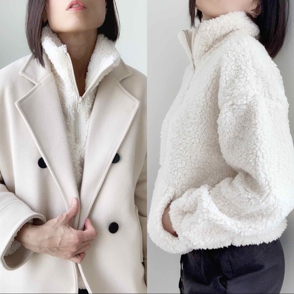 CHICBOMB Sweaters - COZY HIGH NECK SHERPA QUARTER ZIP PULLOVER  -  OFF WHITE
